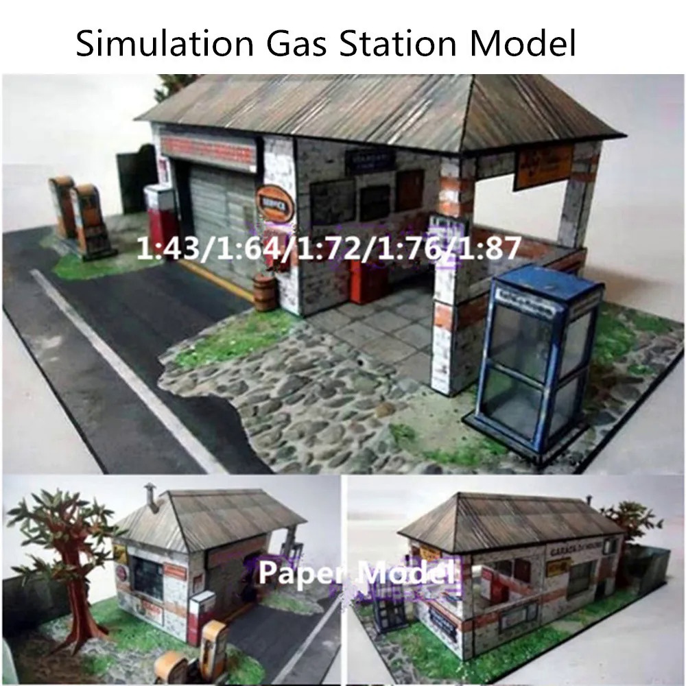 Building blocksDIY 1:43/64/72/76/87 Scale Old Gas Station Model Making Simulation Paper Car Garage M