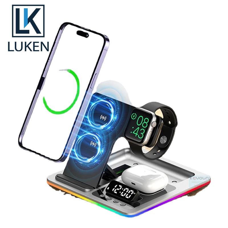 Luken 4 in 1 แท่นชาร์จไร้สาย พับได้ พร้อมโคมไฟ และนาฬิกา สําหรับ Samsung Huawei Iph 15 iWatch AirPods Pro