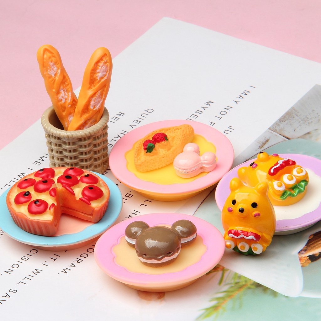 10pcs ตะกร้าไม้ไผ่ เรซิ่น รูปหมี ขนมปัง ขนาดเล็ก diy อุปกรณ์เสริม สําหรับทําอาหาร