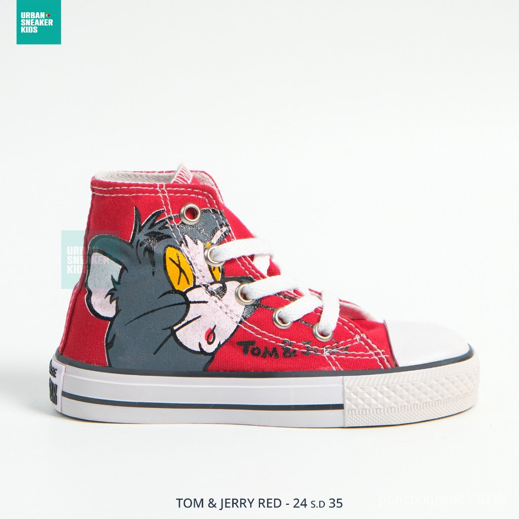 รองเท้าผ้าใบ Converse Hi Red Tom and Jerry สําหรับเด็ก 24-35 นําเข้าจากเมือง