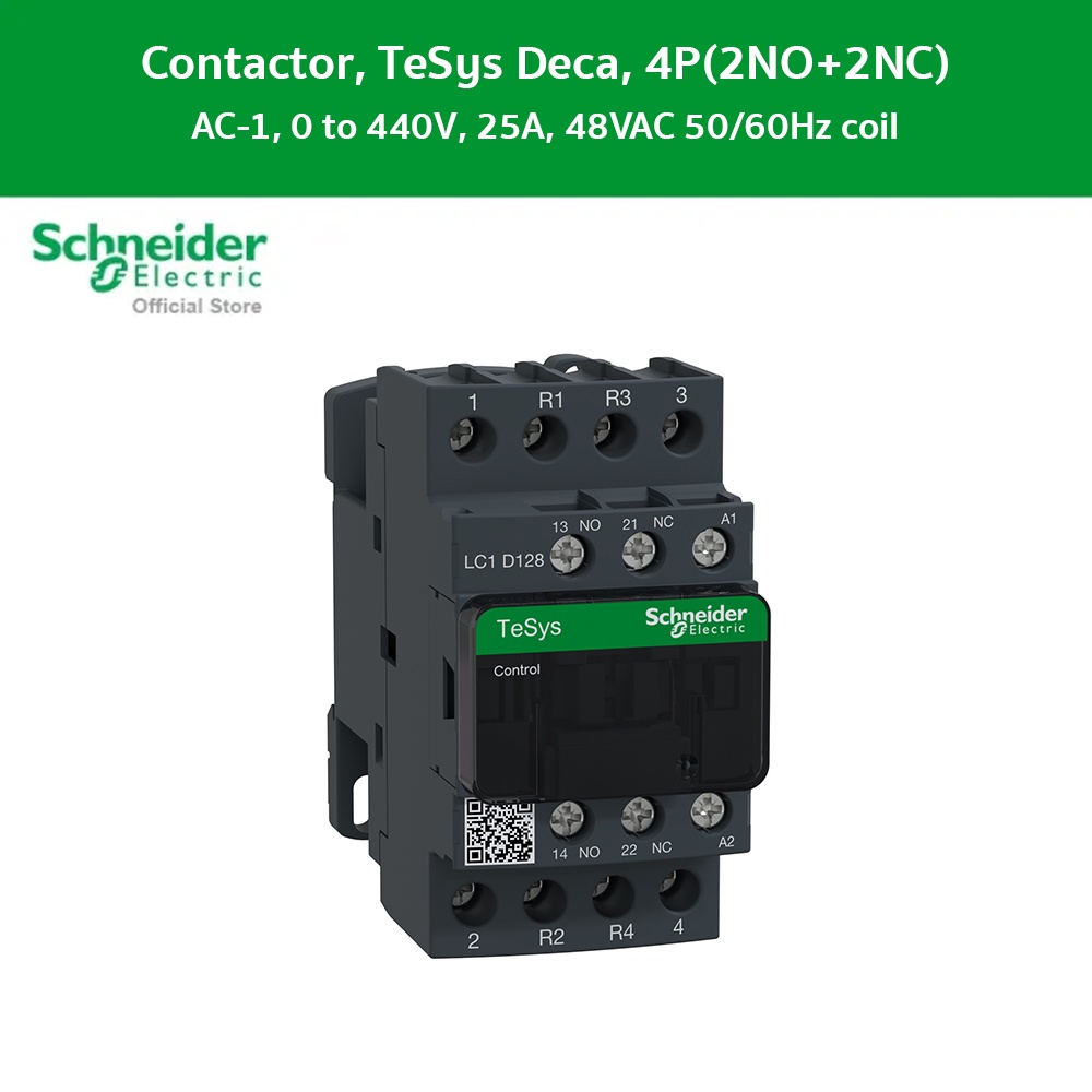Schneider Contactor, TeSys Deca, 4P(2NO+2NC), AC-1, <=440V, 25A, 48VAC 50/60Hz coil, screw clamp terminal รหัส LC1D128E7