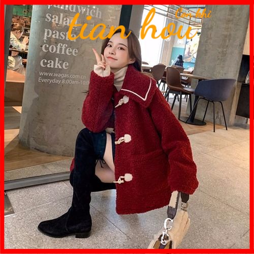เสื้อแจ็กเก็ต คอปกตุ๊กตา ผ้าขนแกะ หนา ให้ความอบอุ่น สีแดง แฟชั่นฤดูใบไม้ร่วง และฤดูหนาว สําหรับผู้หญ