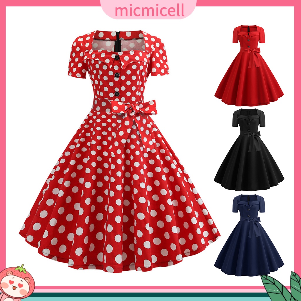 [MMC] ชุดเดรสแขนสั้น คอสี่เหลี่ยม พิมพ์ลายจุด 1950s แต่งโบว์ สไตล์เรโทร สําหรับผู้หญิง