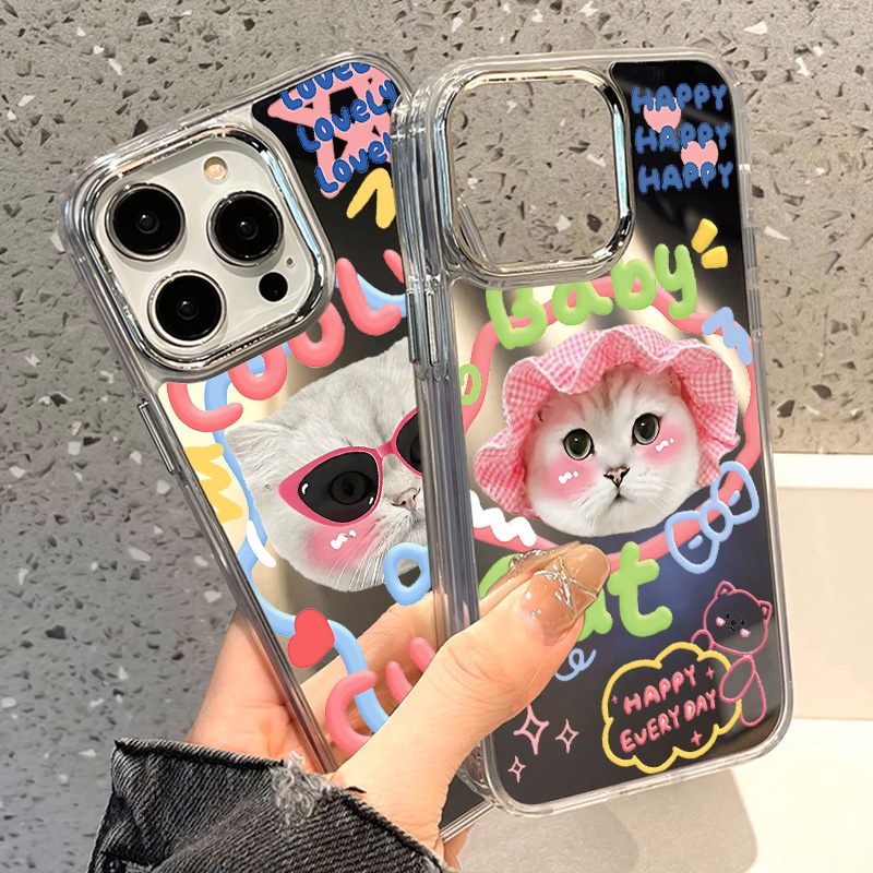 🔥COD🔥INS Case For เคส iPhone 16 13 11 14 15 12 Pro Max เคสไอโฟน11 15pro Cute Cat กรณีโทรศัพท์มือถือชุบกระจก แมวระเบิด