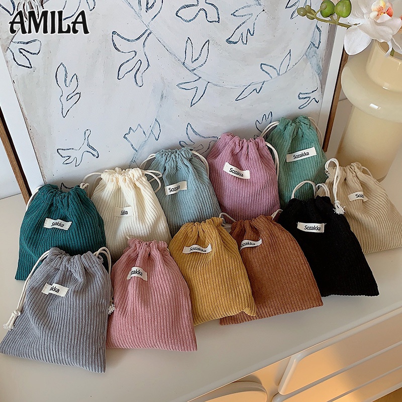 Amila กระเป๋าเครื่องสําอาง ผ้าลูกฟูก ขนาดใหญ่ จุของได้เยอะ แบบพกพา สีพื้น สําหรับผู้หญิง