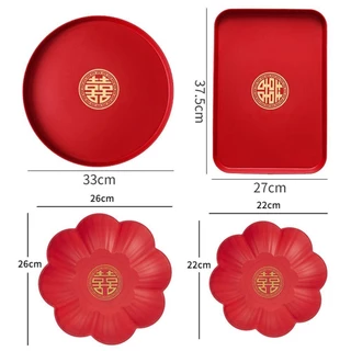 Aomsom ถาดพลาสติก สีแดง สไตล์จีนดั้งเดิม สําหรับใส่ขนมขบเคี้ยว ผลไม้ ขนมปังปิ้ง ตกแต่งงานแต่งงาน งานเลี้ยง 1 ชิ้น