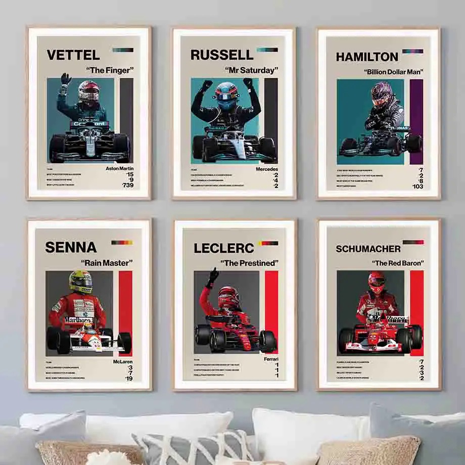สูตร F1 Racer Senna โปสเตอร์สุนทรียศาสตร์ Grand Prix Motorsports Racing หมวกกันน็อคผ้าใบจิตรกรรมสําหรับ Wall Art โรงแรม Home Room Decor