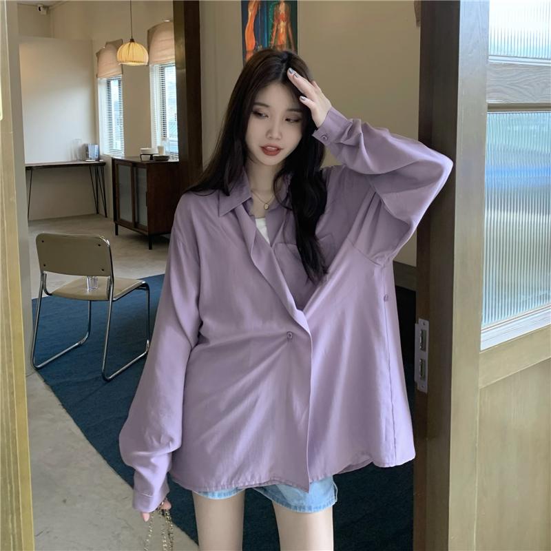 LitlteBee.shop.W305เสื้อเชิ้ตทรงหลวมแขนยาวสไตล์เกาหลีใหม่สีม่วง เสื้อเชิ้ดตัวยาว เสื้อคลุมกันแดด สีอ่อนใส่ไม่ร้อน