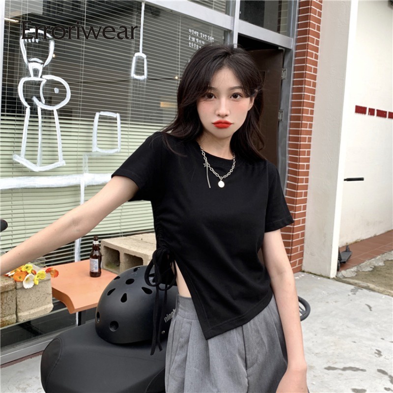 Erroriwear ใหม่ เสื้อยืดลําลอง แขนสั้น ทรงสลิมฟิต ผ่าข้าง สําหรับสตรี 2024