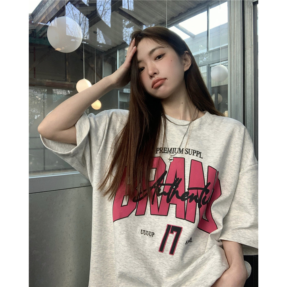 Suxi 240120 น่ารัก ใหม่ สไตล์เกาหลี พิมพ์ลาย ลําลอง หลวม คอกลม แขนสั้น เสื้อยืดผู้หญิง เสื้อ