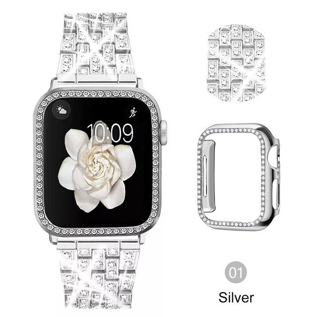สายนาฬิกาข้อมือสเตนเลส ประดับเพชร พร้อมเคส สําหรับ Apple Watch Series 7 6 SE 5 4 Strap 41 มม. 45 มม