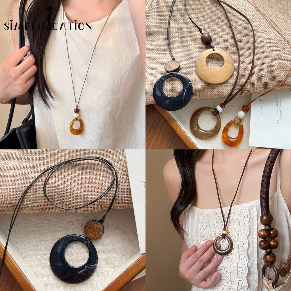 สไตล์จีนย้อนยุคเซนสไตล์ไม้วงกลมจี้สร้อยคอ-แฟชั่นมินิมอลเสื้อกันหนาวชุดเสื้อตกแต่งสร้อยคอ
