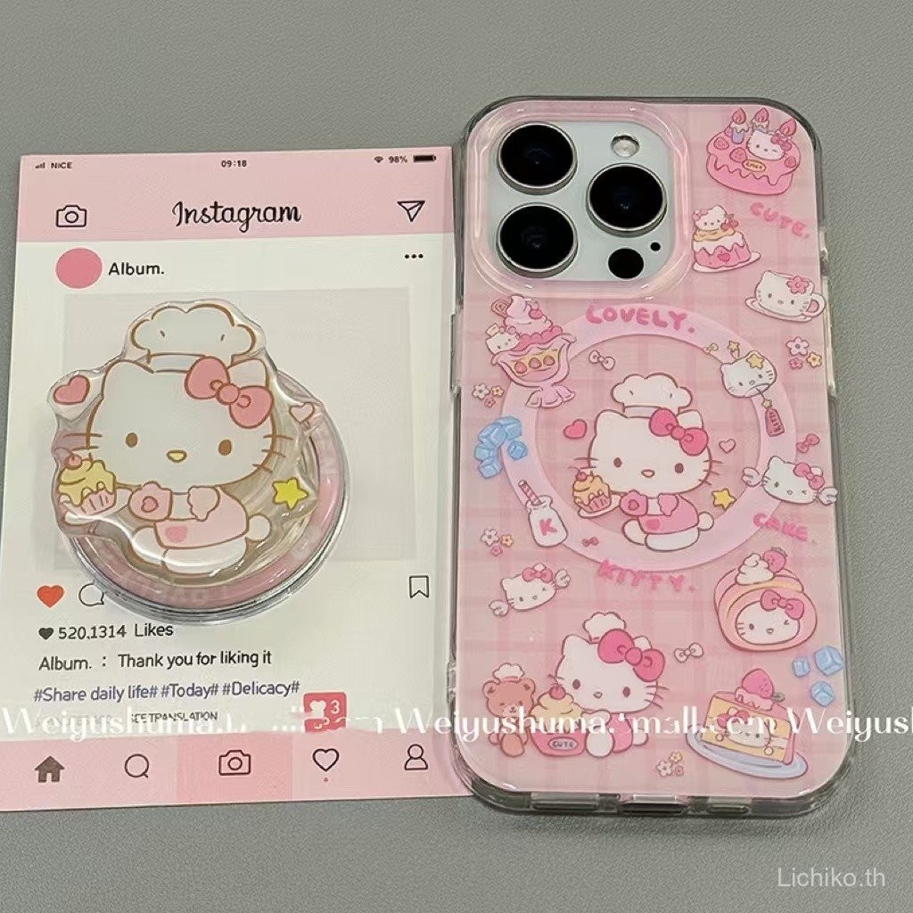 ขาตั้งแม่เหล็ก INS-Pink Chef Hello Kitty Cat สำหรับเคสโทรศัพท์ Apple 15/13ProMAX 11 iPhone14/16 Explosion 12