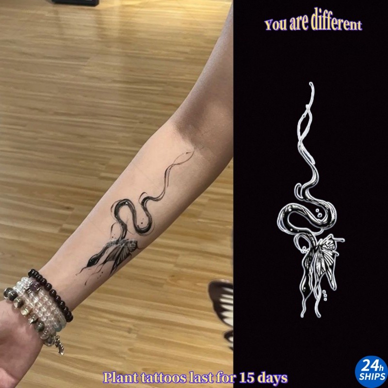 งูผีเสื้อรูปแบบสักสาวเซ็กซี่แขนพืชสักสติกเกอร์รอยสักกันน้ําติดทนนาน15วันสติกเกอร์ผิวรอยสักปลอมชั่วคราว