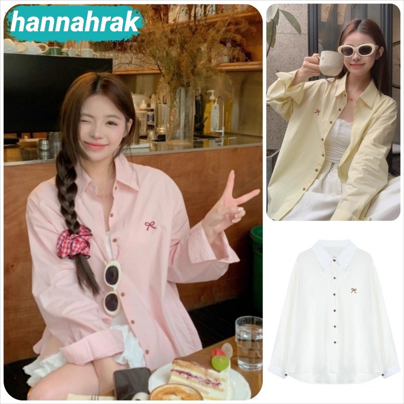 (ส่งจากกรุงเทพฯ)เสื้อเชิ้ตแขนยาว สีพื้น ปักลายโบว์ ทรงหลวม สีชมพู เสื้อสไตล์เกาหลีแฟชั่นลำลอง ผ้านิ่มยืดใส่สบาย