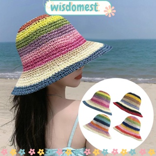 WISDOMEST หมวกฟางถัก กันแดด ป้องกันรังสียูวี สีรุ้ง แฟชั่นฤดูร้อน