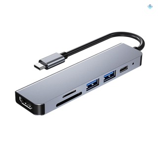 6-in-1 ฮับ Type-C อะลูมิเนียมอัลลอย อเนกประสงค์ พร้อมพอร์ต HD USB2.0 USB3.0 PD ช่องเสียบการ์ด TF SD