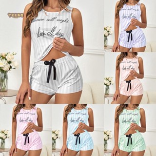 【พร้อมส่ง】ชุดนอน เสื้อ กางเกงขาสั้น พิมพ์ลายทาง สองชิ้น สําหรับผู้หญิง