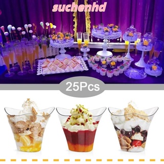 Suchenhd ถ้วยพลาสติก ทรงสามเหลี่ยม แบบใช้แล้วทิ้ง 3.4 ออนซ์ ทนทาน สําหรับใส่ขนมหวาน มูส ไอศกรีม พุดดิ้ง ปาร์ตี้วันเกิด 25 ชิ้น