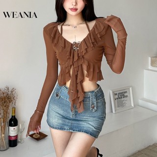 Weania เสื้อเบลาส์ซีทรู แขนยาว ผ้าตาข่าย เซ็กซี่ สําหรับผู้หญิง