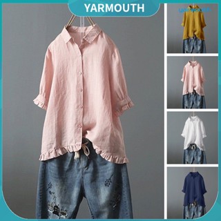 Yyr--เสื้อเชิ้ตแขนครึ่ง คอปก สีพื้น กระดุมแถวเดียว แฟชั่นฤดูร้อน สําหรับผู้หญิง