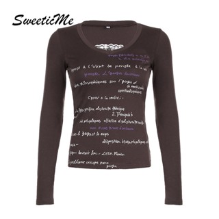 Sweeticme ใหม่ เสื้อยืดลําลอง แขนยาว คอกลม พิมพ์ลายตัวอักษร แนวสตรีท แฟชั่นสําหรับสตรี 2023