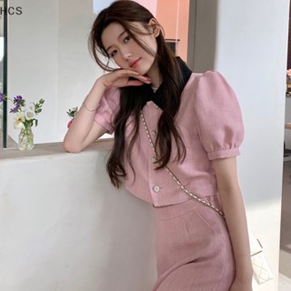 Hcs ชุดเสื้อแขนสั้น กางเกงขาสั้น เอวสูง สีชมพูหวาน สําหรับผู้หญิง HC