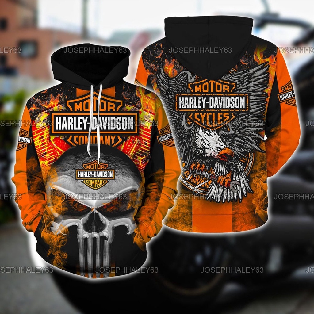 เสื้อกันหนาว มีฮู้ด ลายหัวกะโหลก Harley Davidson 3 มิติ สําหรับผู้ชาย และผู้หญิง เหมาะกับการขี่รถจัก