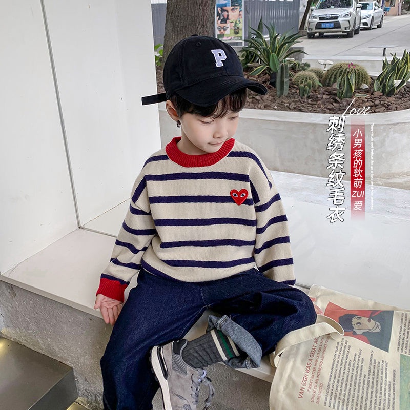 เสื้อกันหนาว ผ้าถัก ลายทาง แฟชั่นฤดูใบไม้ร่วง และฤดูหนาว สไตล์เกาหลี สําหรับเด็กผู้ชาย