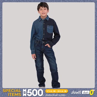 WRANGLER KIDS กางเกงยีนส์เด็กผู้ชาย คอลเลคชั่น Fabric Blocking เอวกลาง ทรง SEASONAL รุ่น WK S523BSEAN16 สียีนส์