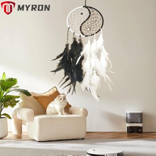 Myron ตาข่ายดักฝัน แฮนด์เมด ประดับขนนก สีดํา และสีขาว สําหรับตกแต่งบ้าน