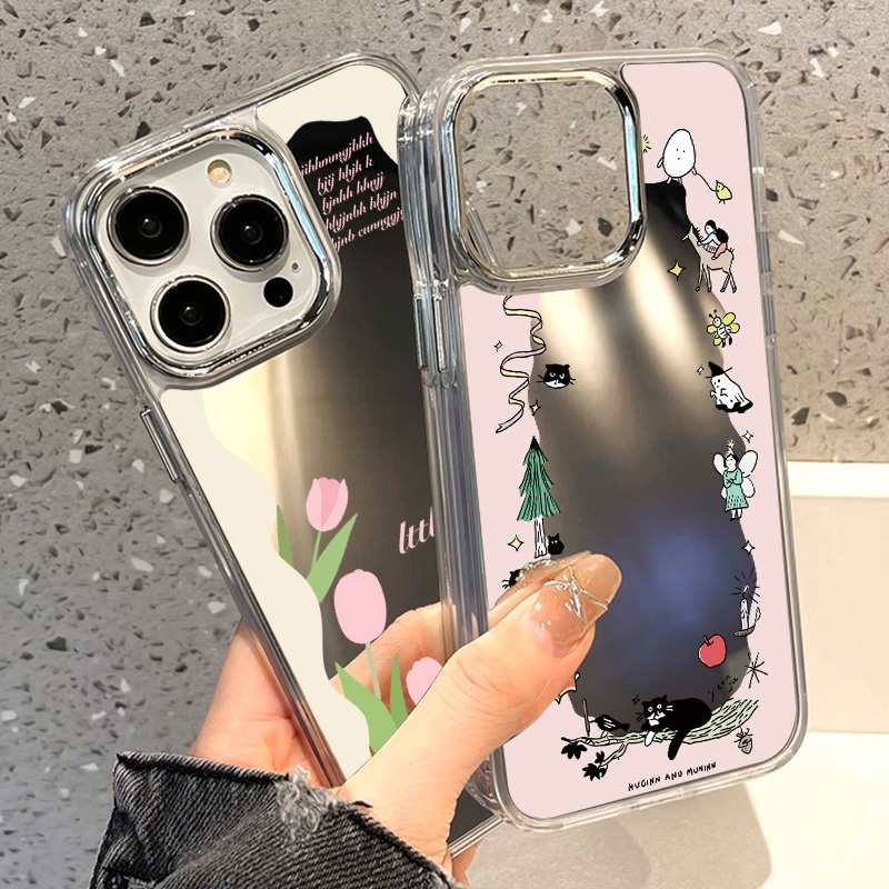 ดูเดิลต้นคริสต์มาส เคสป้องกันโทรศัพท์มือถือ TPU ป้องกันการล่มสลายพร้อมกระจกแต่งหน้า For iPhone 11 14 15 12 13 Pro Max
