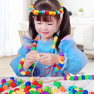 ของเล่นเชือกลูกปัด ลูกปัดสีรุ้ง ร้อยเชือกลูกปัดลูกใหญ่ MontessoriFineMotorSkill เสริมการเรียนรู้เด็ก