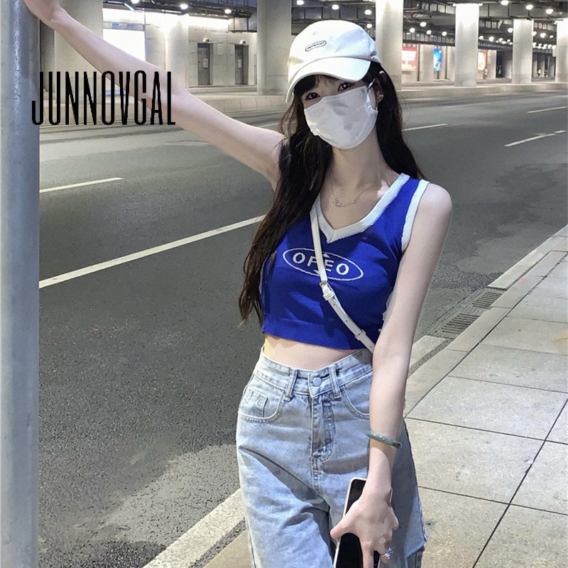 Junnovgal ใหม่ เสื้อสายเดี่ยว แขนกุด คอยู พิมพ์ลาย สีตัดกัน แฟชั่นฤดูใบไม้ร่วง สําหรับผู้หญิง 2023