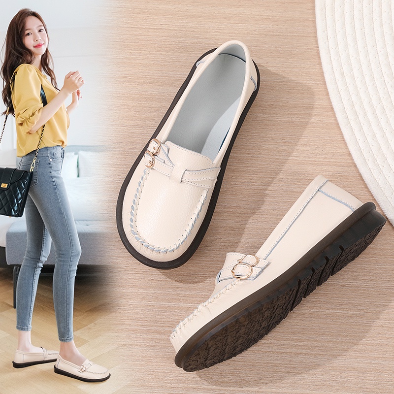 【5 สี ขนาดใหญ่ 35-44】รองเท้าโลฟเฟอร์ลําลอง หนังโคเรียม พื้นนิ่ม กันลื่น แฟชั่นสไตล์เกาหลี สําหรับสตรี OD05
