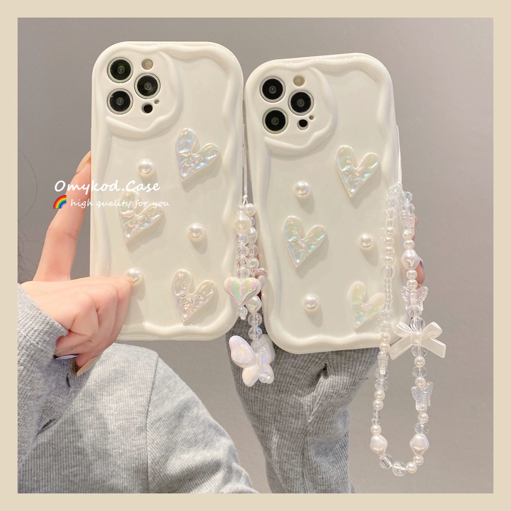 เคสป้องกันโทรศัพท์มือถือ แบบนิ่ม ลายหัวใจ ประดับไข่มุก และโซ่ สําหรับ iPhone 16 15 XR 14 13 11 12 Pro Max 8 7 6 6s Plus SE 2020 XS Max