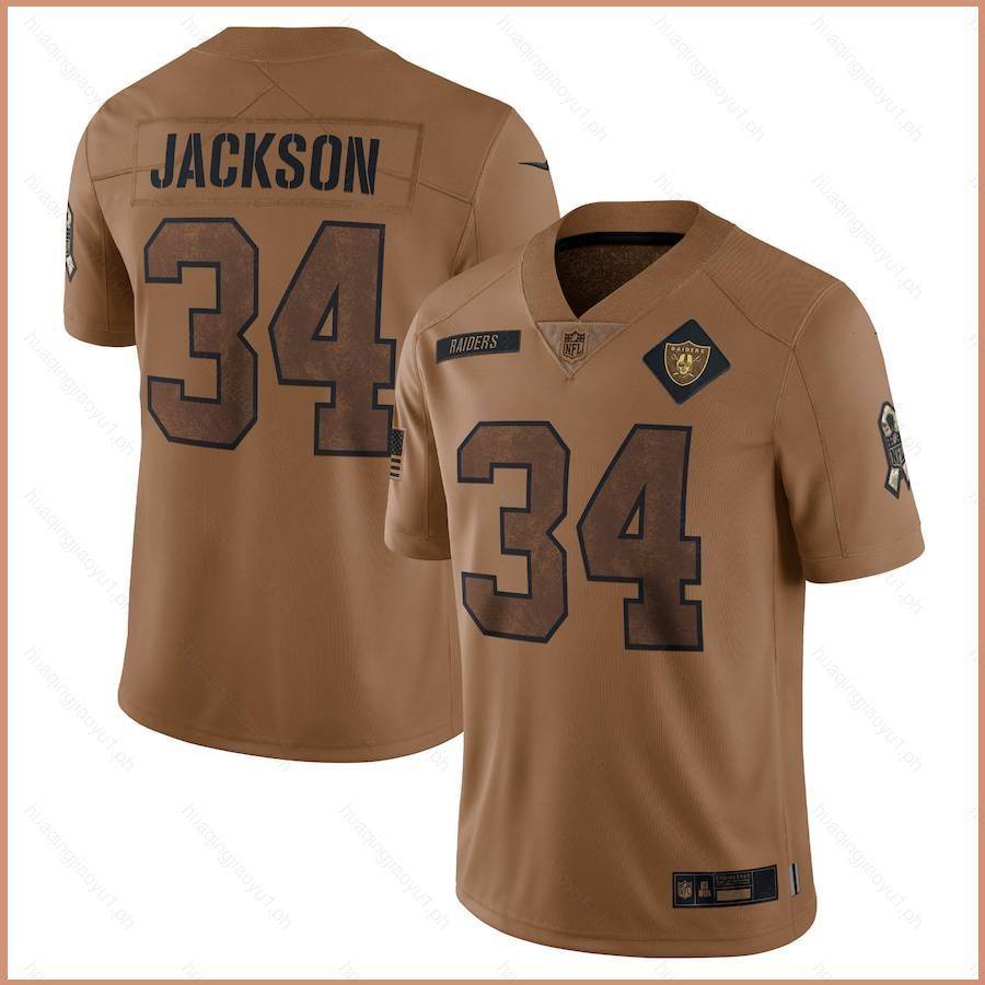 ใหม่ล่าสุด 2023-2024 เสื้อยืดลําลอง แขนสั้น พิมพ์ลาย NFL Las Vegas Raiders Game Bo Jackson Jersey Salute To Service พลัสไซซ์