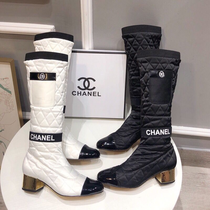 2oov Chanel Style 2023CHANEL รองเท้าบูทส้นสูง ผ้าฝ้าย แบบหนา ยืดหยุ่น ประดับเพชร เข้ากับทุกชุด แฟชั่นสําหรับผู้หญิง