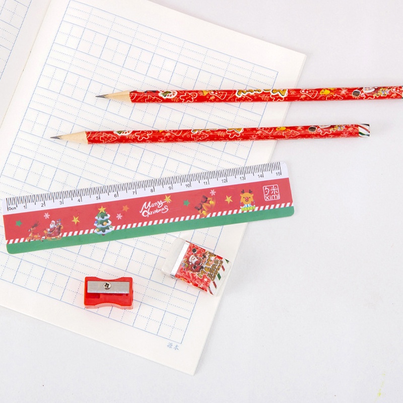 ชุดเครื่องเขียน ไม้บรรทัด ดินสอ ยางลบ ลายการ์ตูนคริสต์มาส แบบพกพา สําหรับเด็กนักเรียน 6 ชิ้น