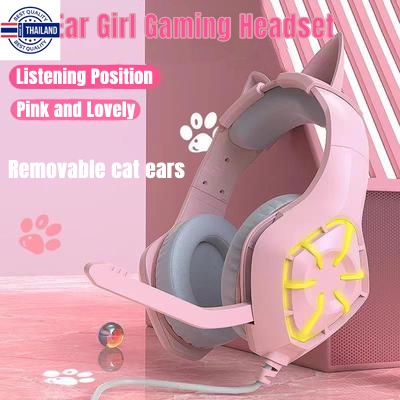 GS-1000 Cute Pink Cat Ears Gaming Earphones สีชมพูแมวหูตัดหูฟังเกมพร้อมไมโครโฟนและไม่มีเสียงรกวนหูฟังสำหรัเล่นเกมกัไฟLed