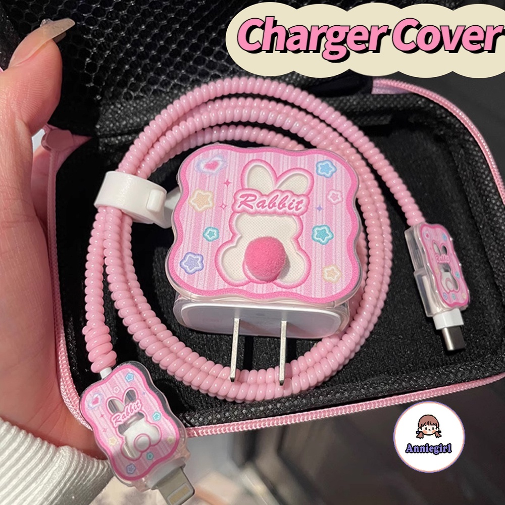 กระต่ายสีชมพูน่ารัก ฝาครอบป้องกันตัวชาร์จ สําหรับ iphone 18 / 20W ซิลิโคนอ่อน การ์ตูน ตัวม้วนสายเคเบิล ตัวป้องกันสายเคเบิ สําหรับ USB/type-c
