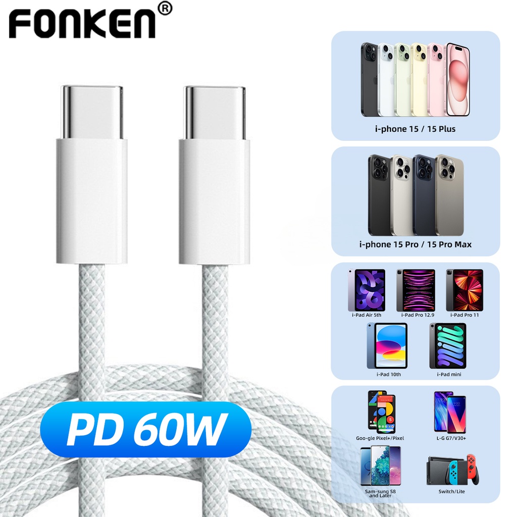 Fonken สายชาร์จ USB-C เป็น Type-C แบบถัก ชาร์จเร็ว 1 เมตร สําหรับ iPh-one 15 Pro Max PD 60W Xiaomi Samsung