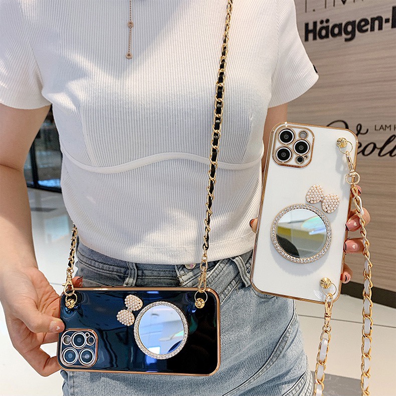 Samsung Galaxy S25 Edge S24 S23 S22 S21 S20 S10 S9 S8 Note 20 Ultra Note 8 9 10 Plus S20 FE Note10 Lite A05 A05S A06 A16 A15 A36 A56 A25 A55 A35 A52 A52S A72 การ์ตูนกระจกสายคล้องเชือกเส้นเล็กสร้อยคอชุบเคสโทรศัพท์นุ่มคลุมทั้งหมดปลอก