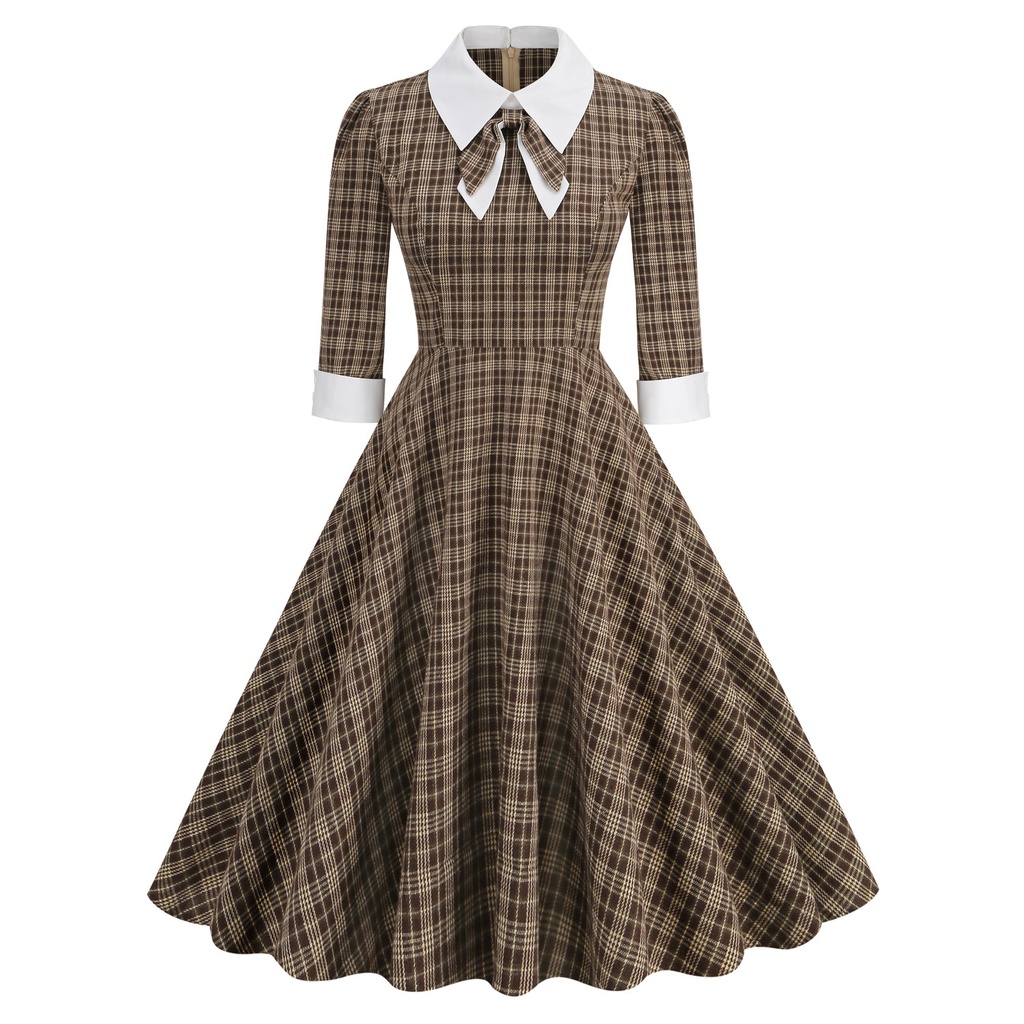 Gaun Pesta Makan Malam Vintage 1950s ~ 1950 Hepburn Vintage Lattice Contrast สีเสื้อโบว์ลายสก๊อตแขนยาวกลางความยาวชุดผู้หญิง