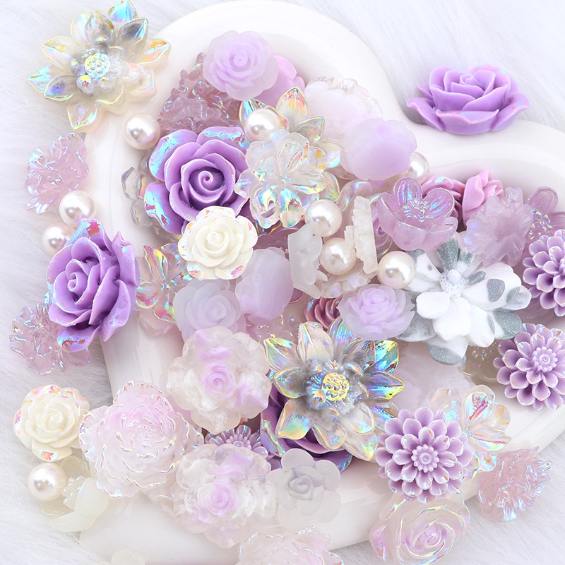 10 ชิ้น / เซต บาร็อค สีม่วง ซีรีส์กุหลาบ เรซิน ด้านหลังแบน โฮมเมด DIY เคสโทรศัพท์ วัสดุครีม เจล เชือกคาดศีรษะ อุปกรณ์ทํา
