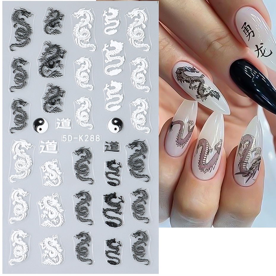 สติกเกอร์เจล ลายมังกรจีน 5D สําหรับตกแต่งเล็บชั่วคราว DIY