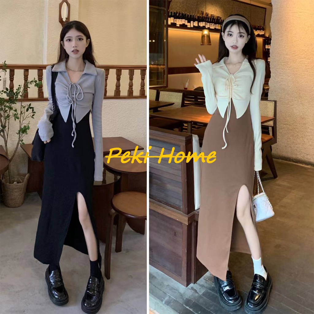 เดรสแฟชั่นเกาหลี เดรสสีเทา รัดรูป แขนยาว เซ็กซี่ ทรงสลิม