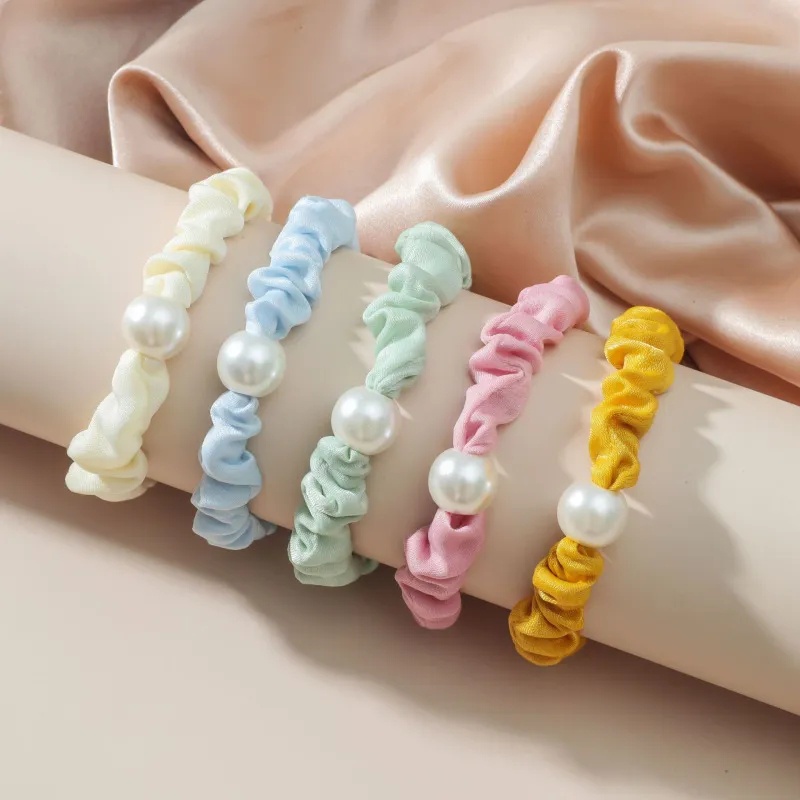 ยางรัดผมหางม้าเทียม ประดับไข่มุก ยืดหยุ่นสูง สีแคนดี้ สําหรับผู้หญิง