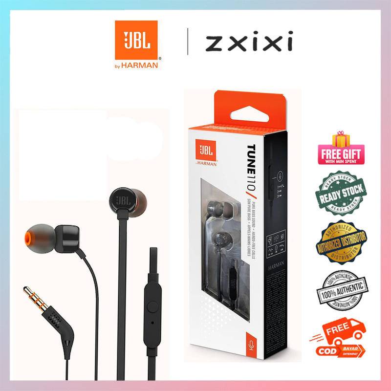 JBL T110 เสียงเบสชุดหูฟังสเตอริโอชนิดใส่ในหูพร้อมสาย 3.5 มม. สำหรับหูฟังไมโครโฟนกีฬาเพลง