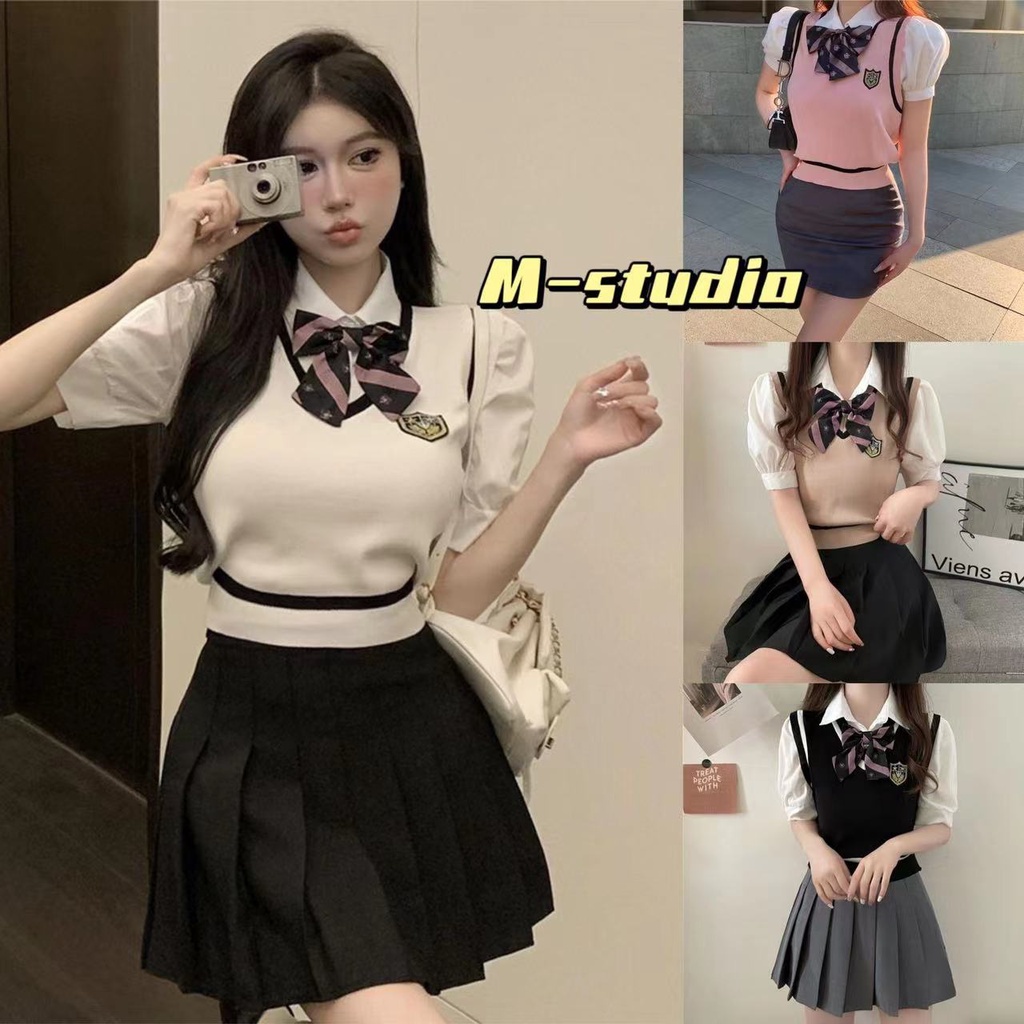 Maze**พร้อมส่ง**เสื้อเชิ๊ตแขนพัฟสั้น เอวแคบ ผ้าไหมพรม 2ชิ้นเย็บติดกันประดับโบว์สไตลืเกาหลี (72002-1)